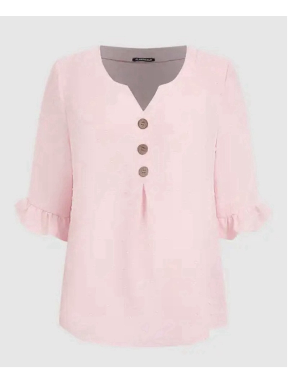 Flamingals Swiss Dot Button Front Ruffle Trim Half Sleeve Notched Neck Blouse L